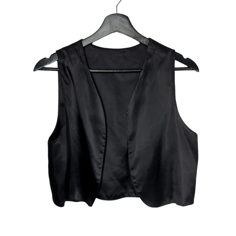 Vintage 70s Black Satin Open Front Vest Medium